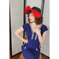 Vintage 40s Wide Brimmed Hat Red Navy Blue Asymmetrical Modernist
