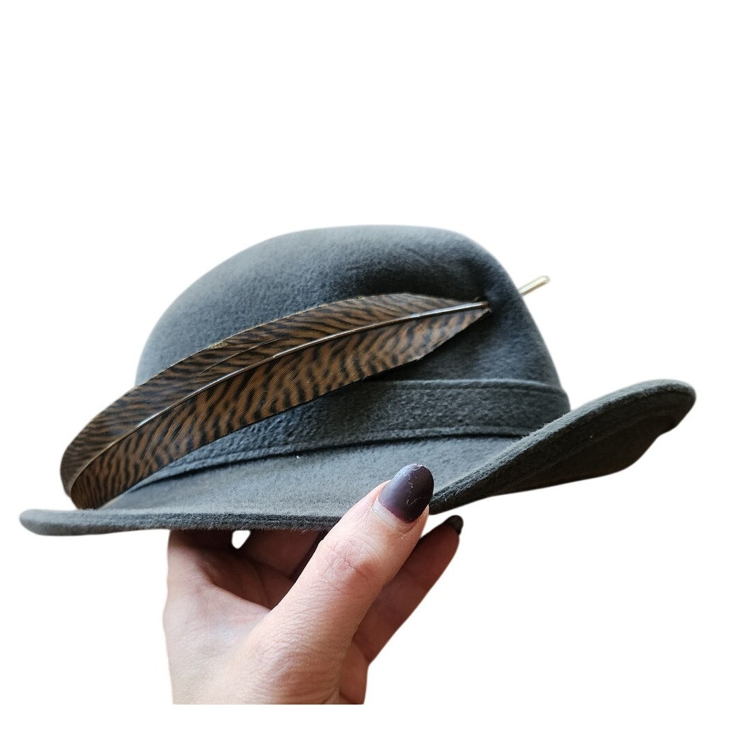 Vintage 70s HALSTON Gray Wool Felt Fedora Hat w/ Feather Wide Brim