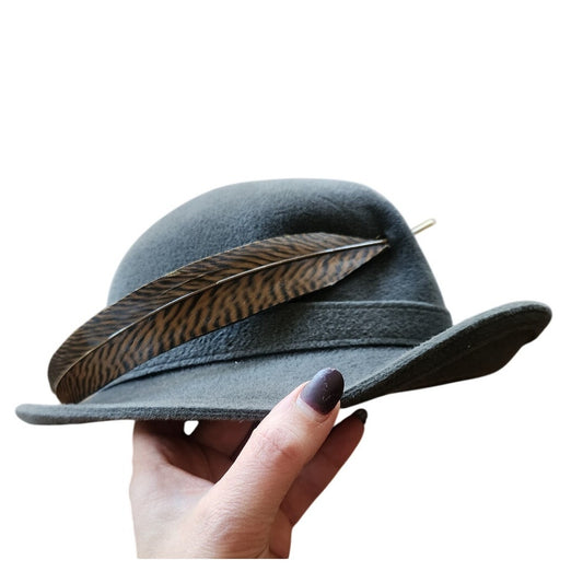 Vintage 70s HALSTON Gray Wool Felt Fedora Hat w/ Feather Wide Brim