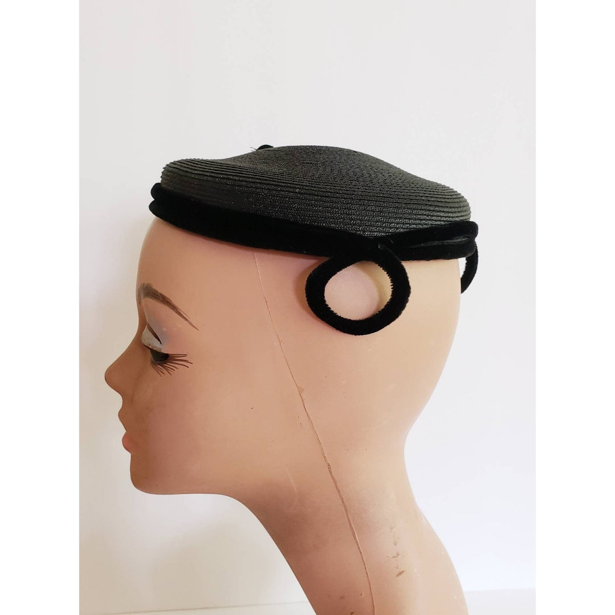 Vintage 1950s Black Hat Fascinator Modernist Avant Garde Cocktail Beanie Hat Pom-Pom Fringe Yeagers Akron Ohio