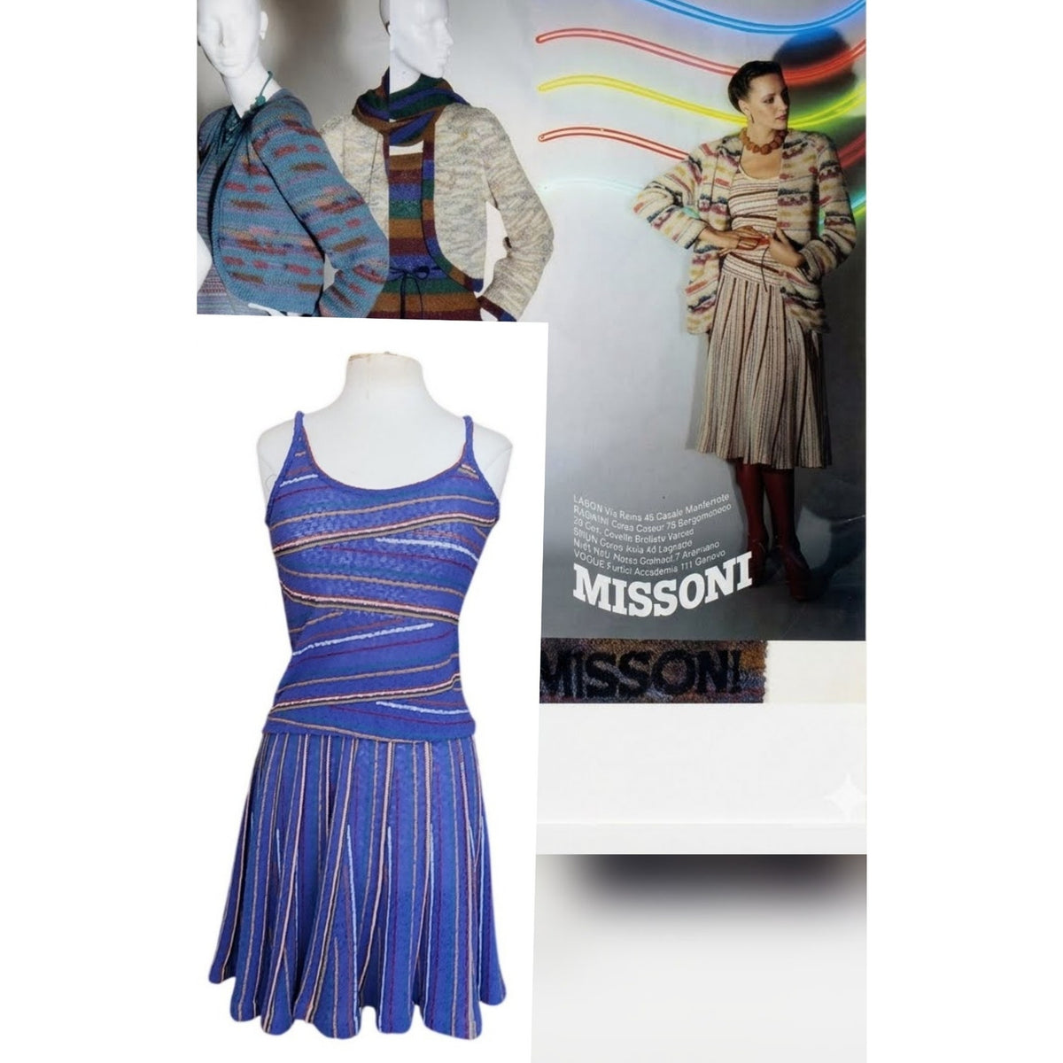 Vintage 1980s Missoni Set Knit Camisole Top Pleated Skirt Blue Stripe I Magnin