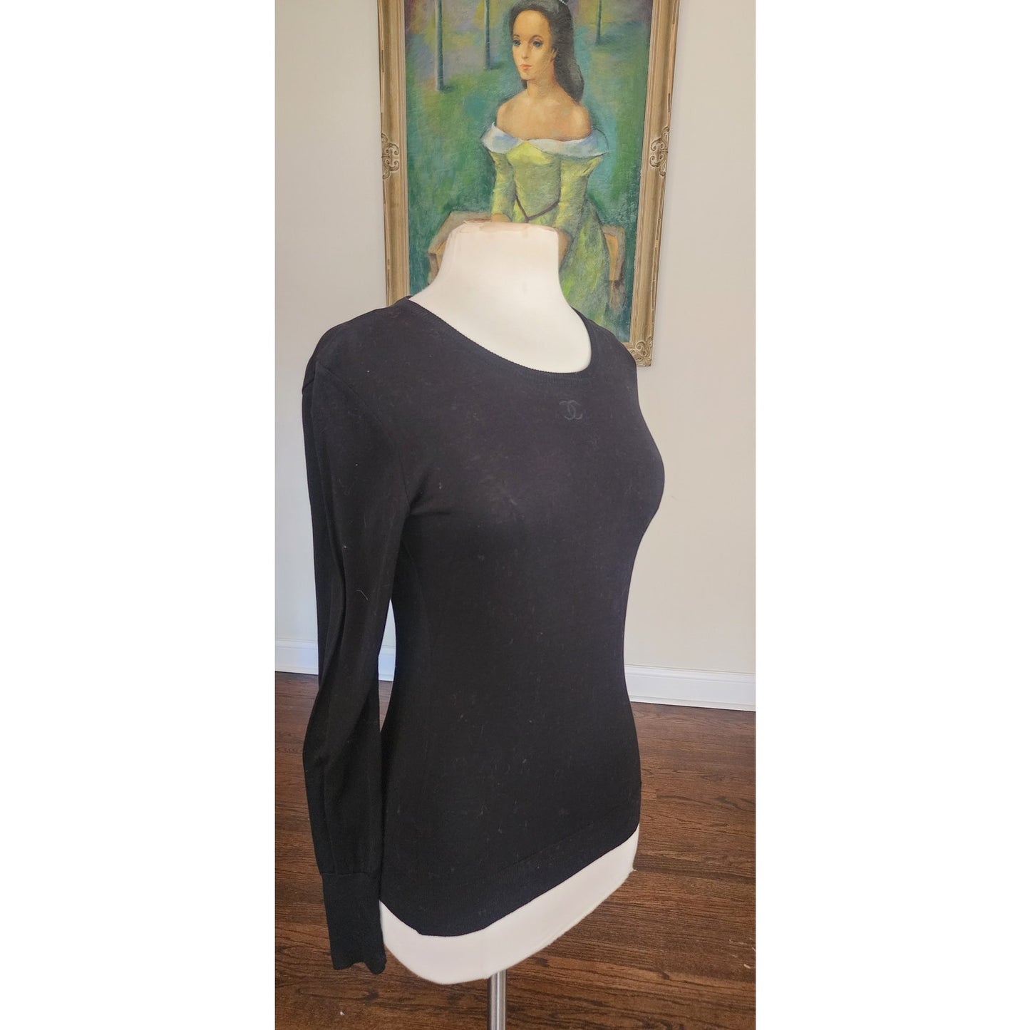 Vintage 1990s CHANEL Sweater Black Cotton Long Sleeve Top CC Logo / FR 40