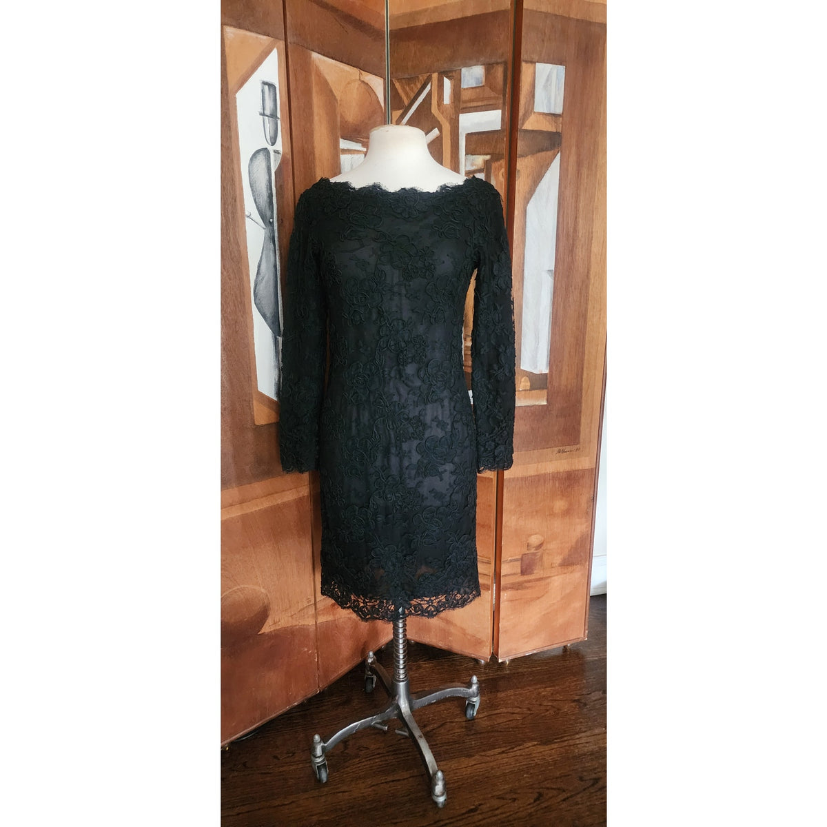 Vintage 1990s Calvin Klein Dress Black Lace Scalloped Boat Neck Long Sleeve Sz 8