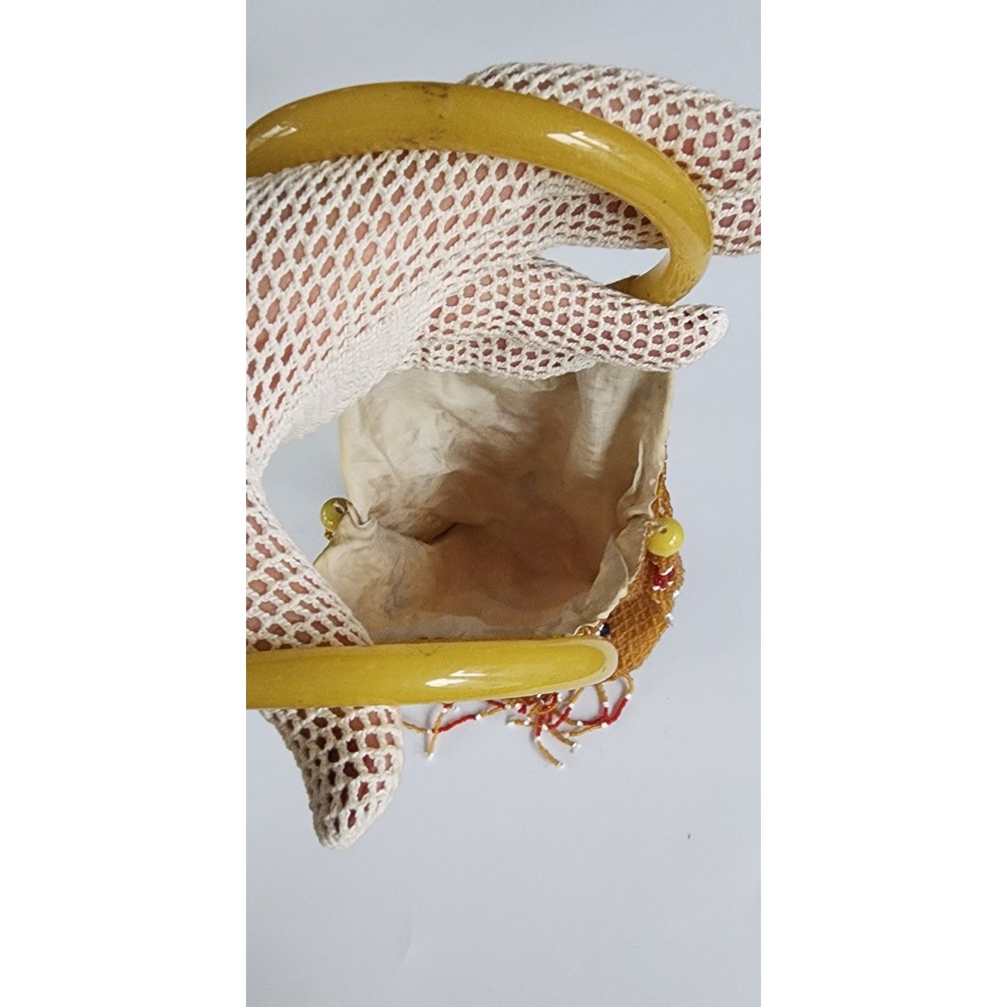 Antique Chinese Glass Bead Bag w/Glass Ring Handles 1890 - 1930