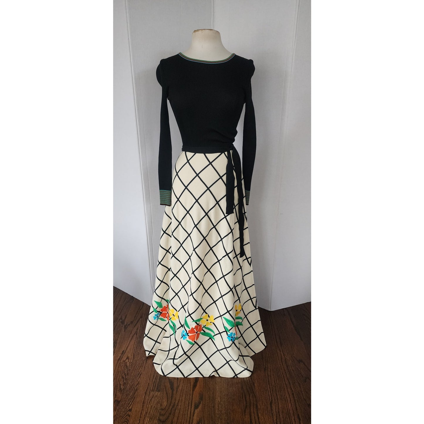 Vintage 70s Boho Maxi Dress Black Knit Top Cream Windowpane Skirt Floral Crissa Italy