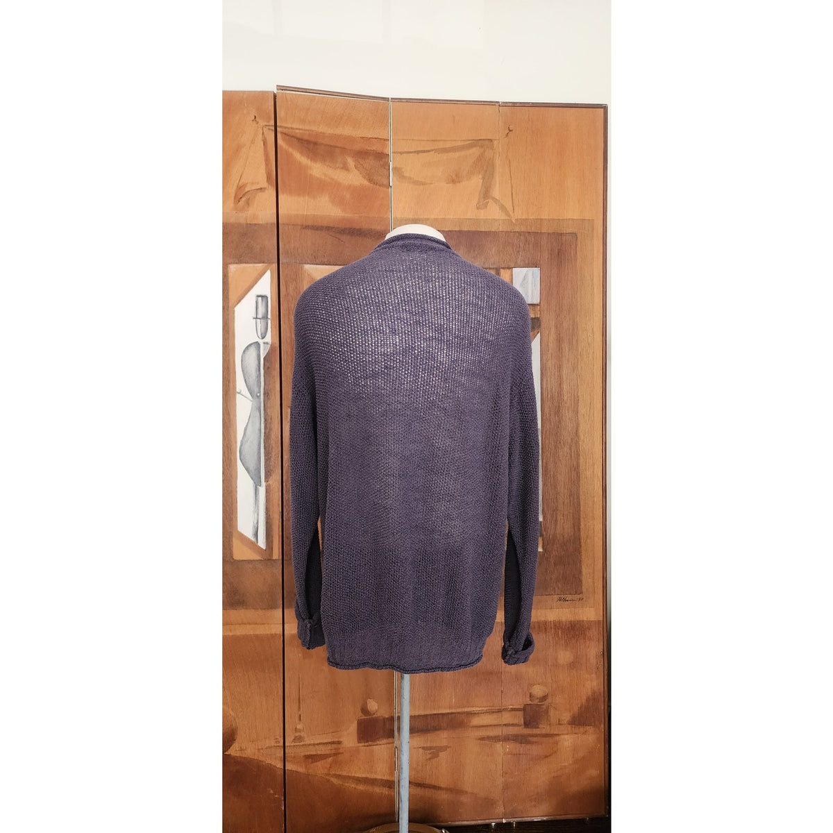 Vintage 1990s Rykiel Homme Mens Sweater Purple Sheer Mesh Open Weave Mock Neck Knit Oversized