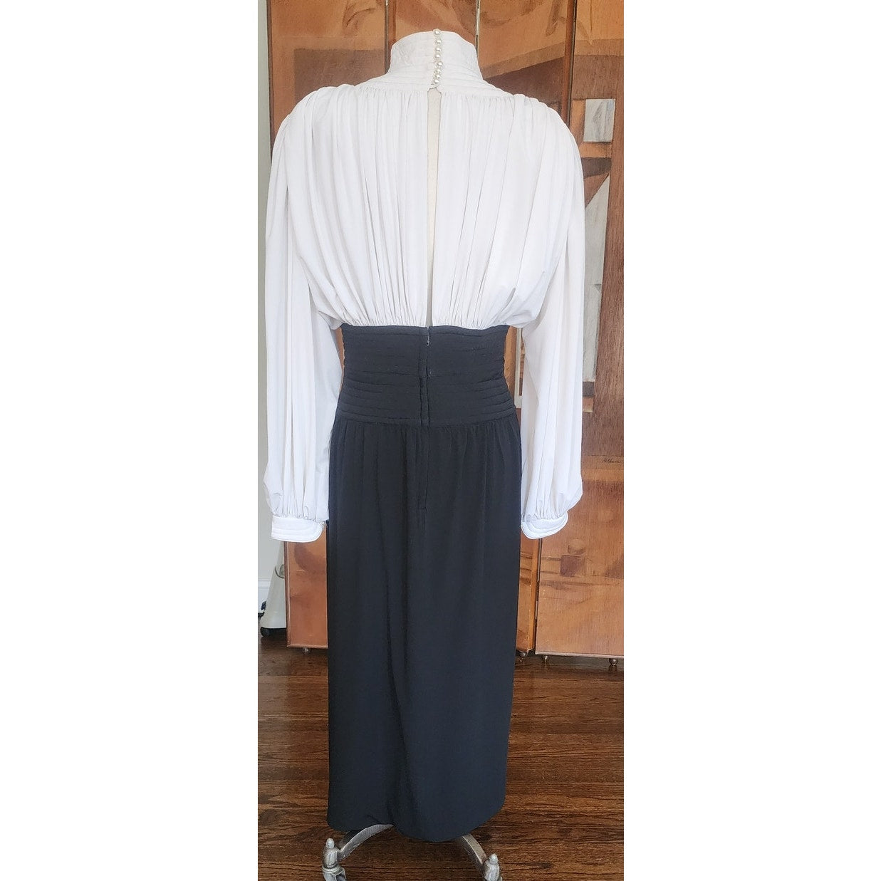 Vintage 80s Neo Edwardian Dress White Ruched Top Black Skirt Long Sleeves / M