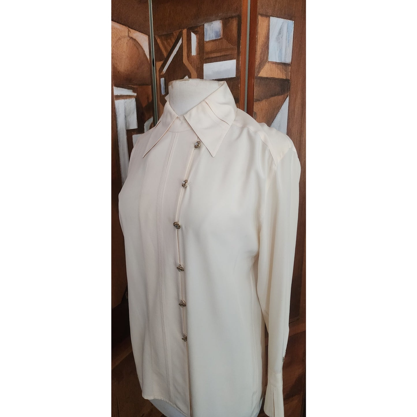 Vintage 1980s Karl Lagerfeld Blouse Cream Silk Shirt Asymmetric Button Down S