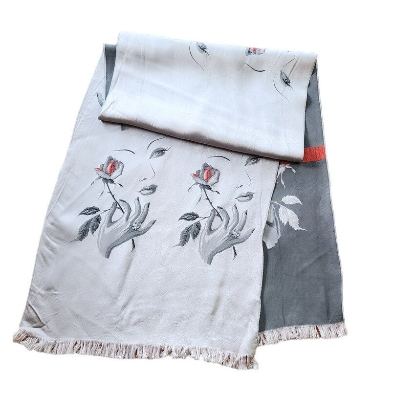 Vintage 40s Silk Embroidered Scarf Woman's Face w/Rose Flower