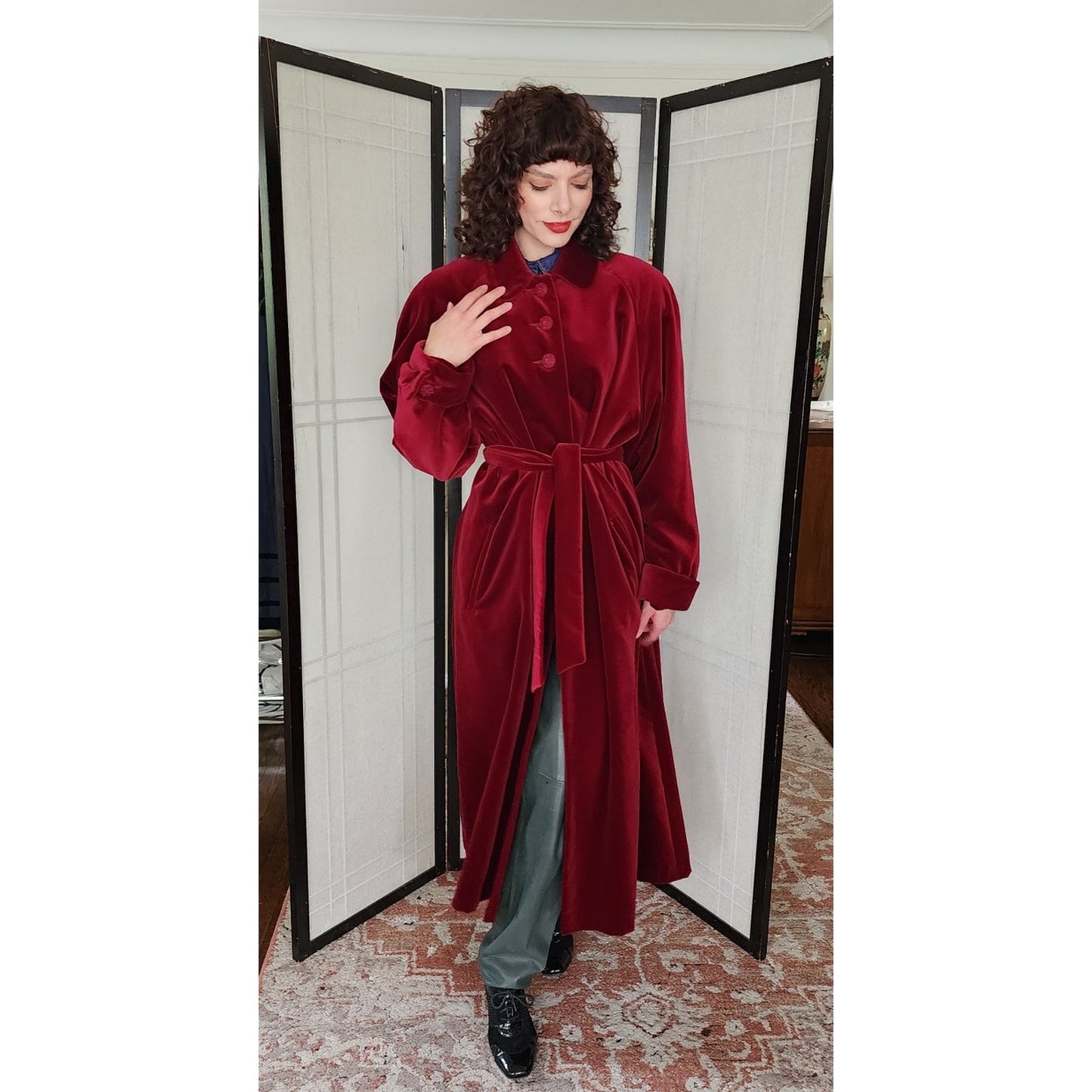 Vintage 80s Red Velvet Coat Raglan Sleeves, Belted