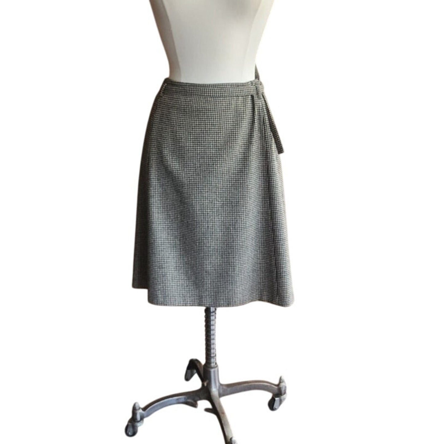 Vintage Dries Van Noten Skirt Gray Houndstooth Wool A Line Knee Length Belt Sash / Medium