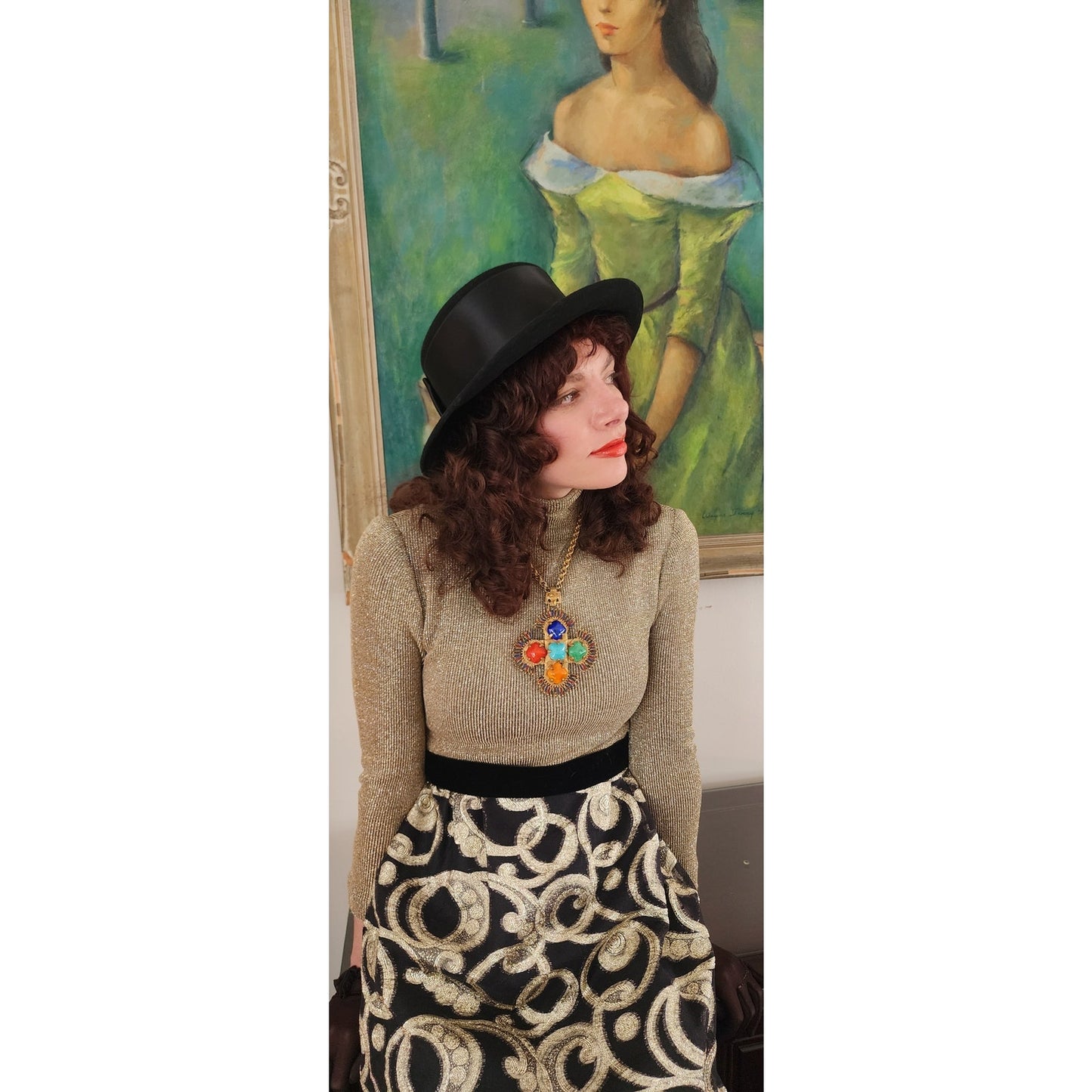 Vintage 1970s Gold & Black Maxi Dress Metallic Spiral Swirl / S