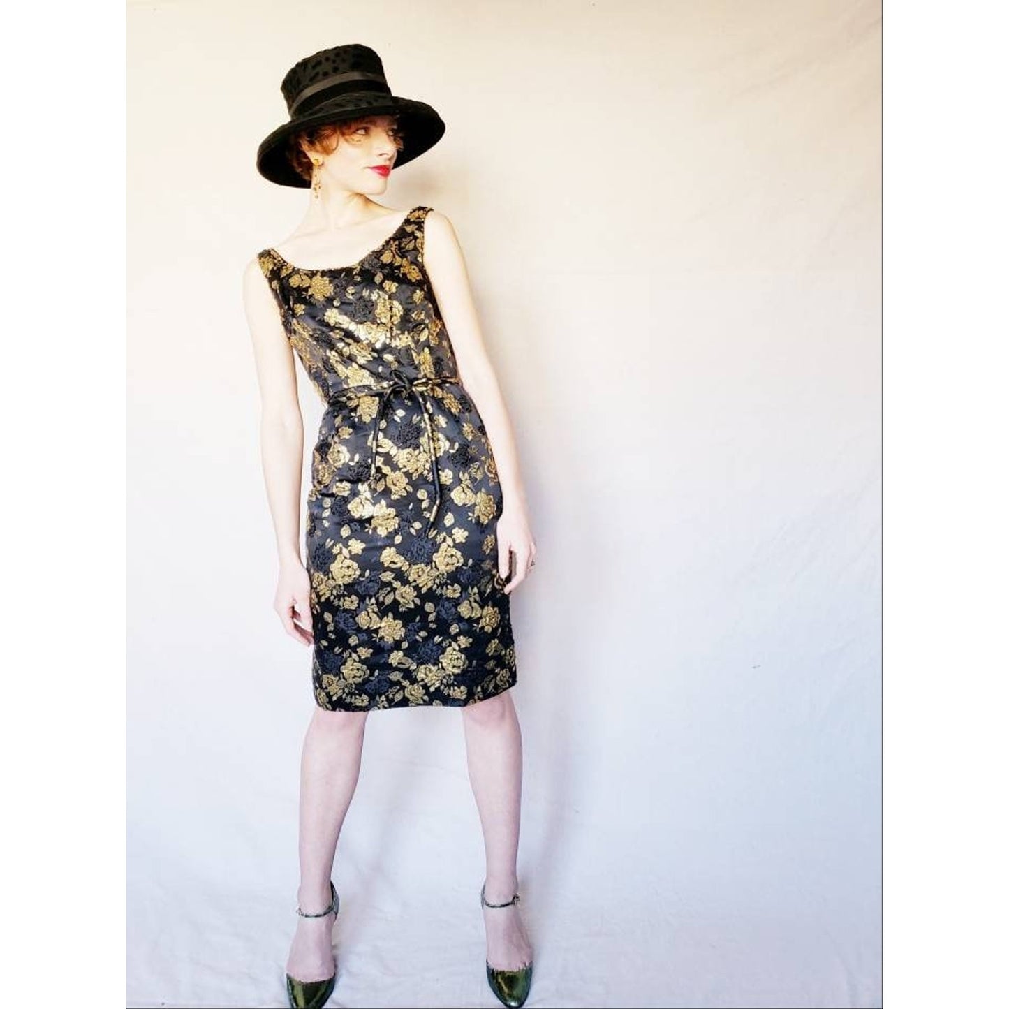 Vintage 1960s Cocktail Dress Black Gold Floral Beaded Brocade Sleeveless Wiggle Party Dress Ornate S