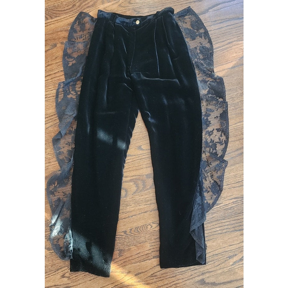 Vintage 80s Valentino Pants Black Velvet w/Race Ruffled Trim