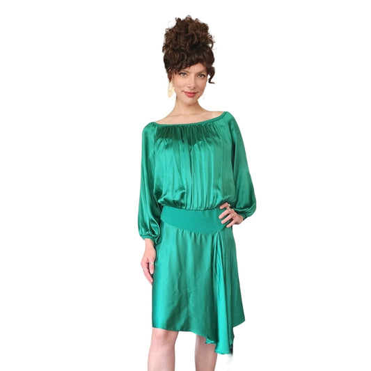 Yves Saint Laurent Green Silk Dress Asymmetrical Hem NWT