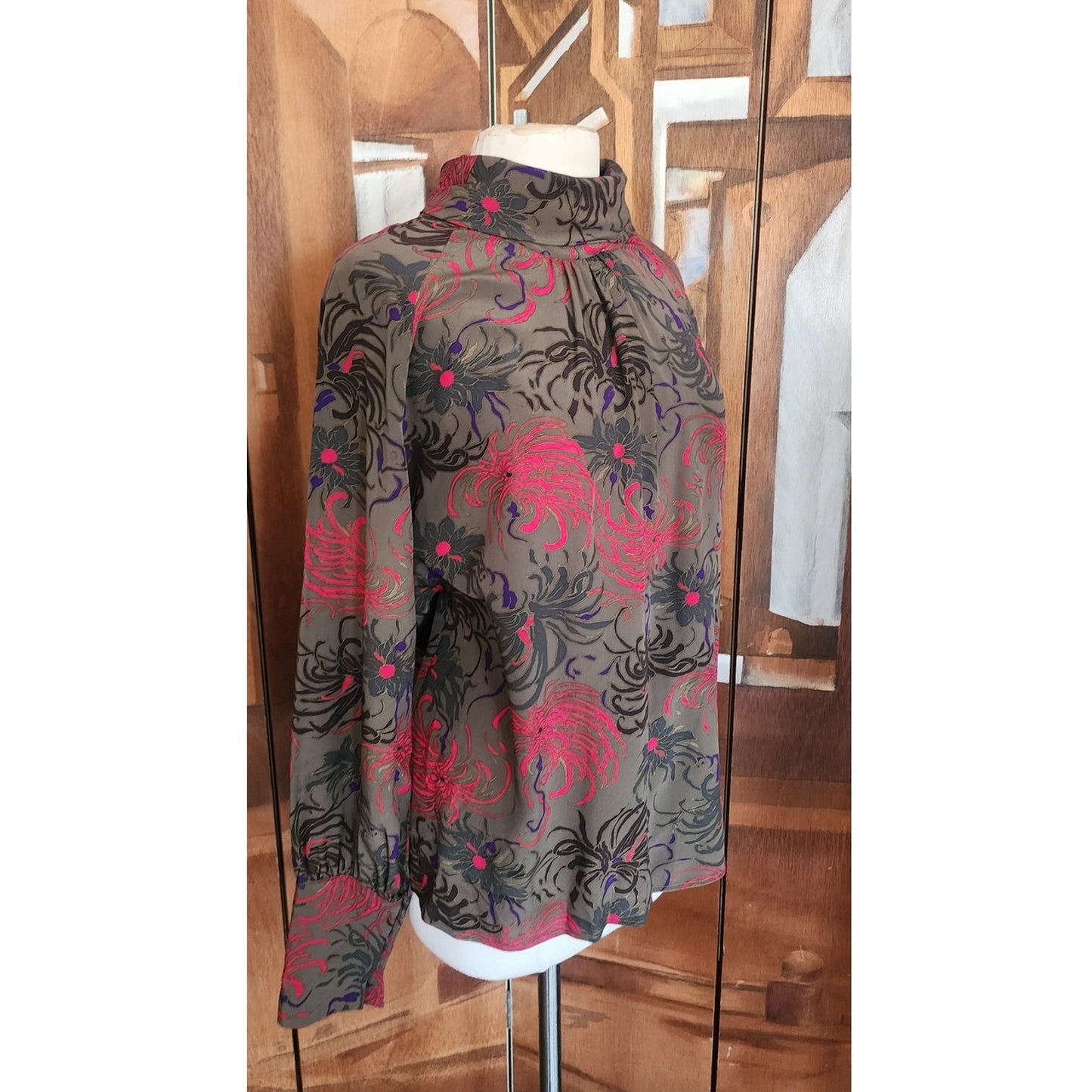 Vintage 1980s CHLOE LAGERFELD Blouse Dark Floral Silk Blouse High Neck Long Sleeve