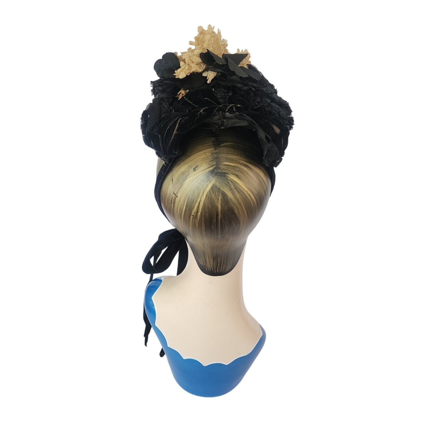 Antique Victorian Hat Black Satin w/Cream Silk Flowers 1800s 19th Century
