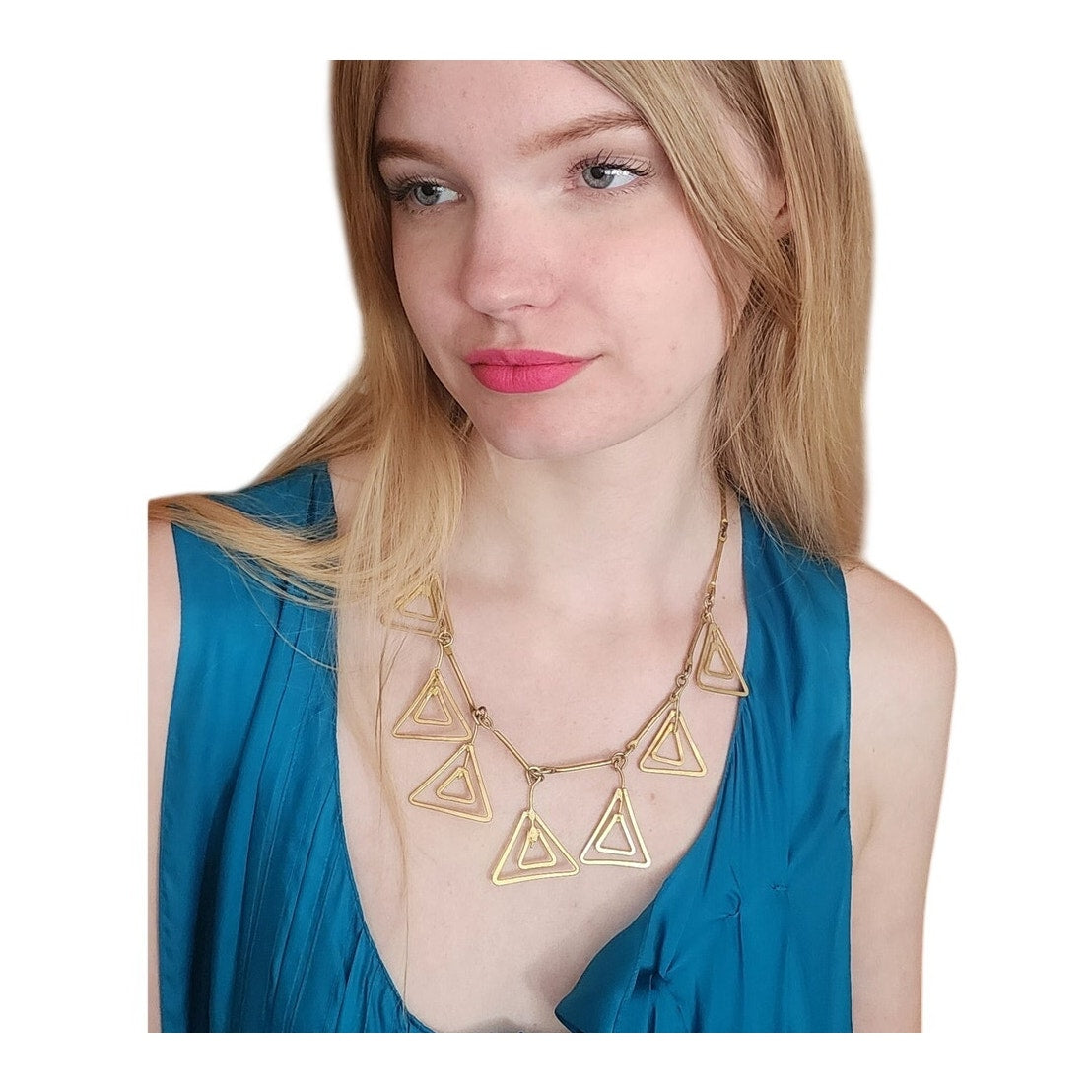 Vintage Gold Necklace Geometric Triangle Pendants Klimt Art Deco Style