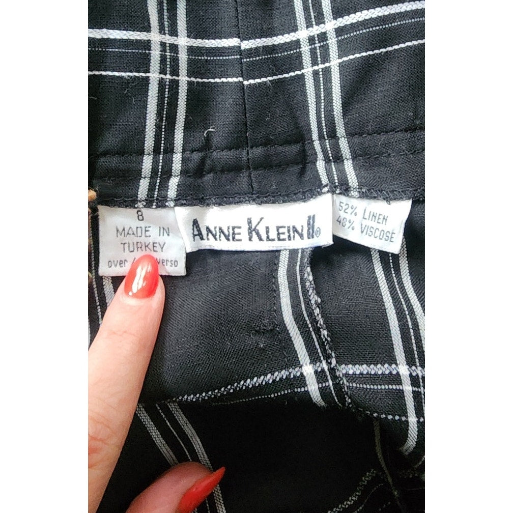 Vintage 90s Anne Klein II Black White Plaid Midi Skirt Linen / M