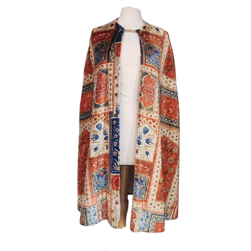 Vintage 1960s Velvet Cape Printed Tapestry Cloak Patchwork Carpet Design