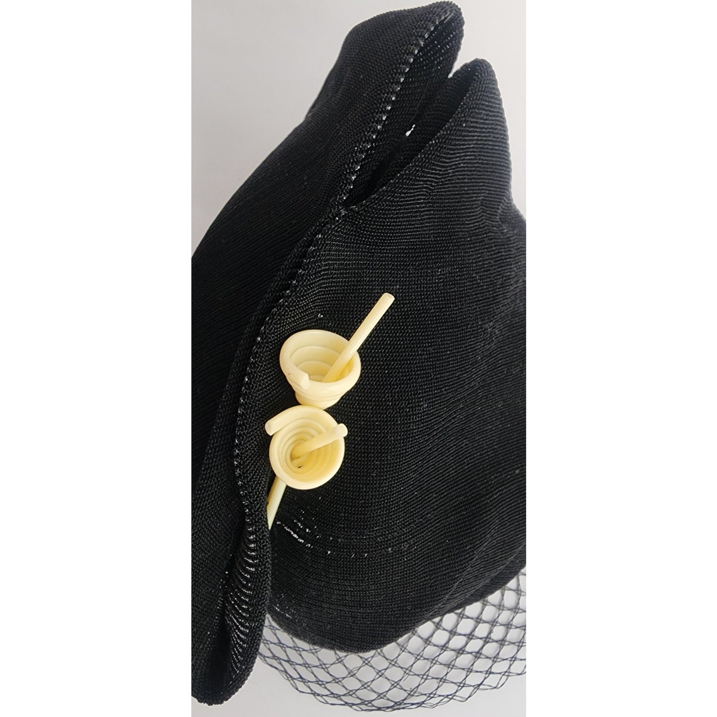 Vintage 30s Art Deco Style Hat Black w/Cream Lucite Modernist Design