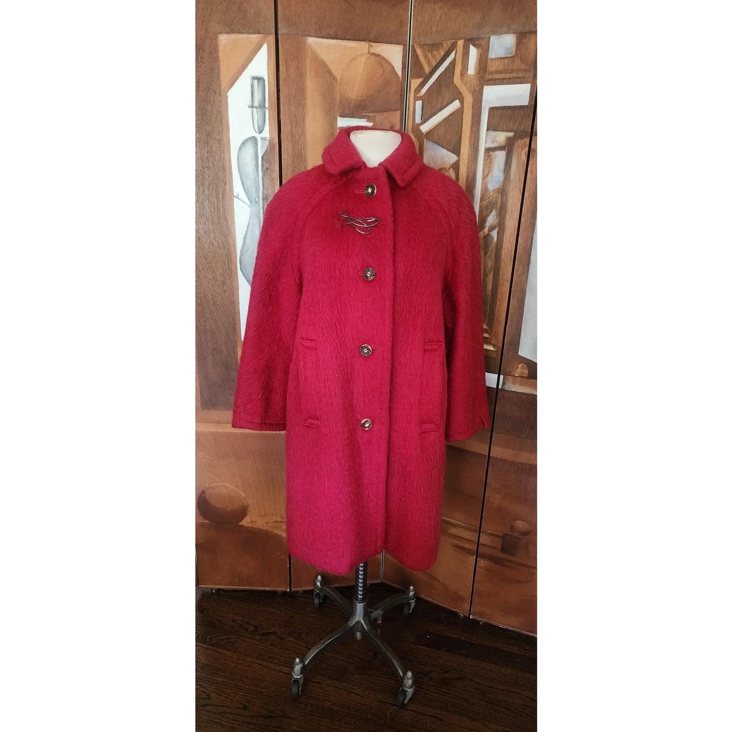 Vintage 1960s Loden Plankl Red Wool Coat Austrian Trachten Alpine Silver Fish Pin
