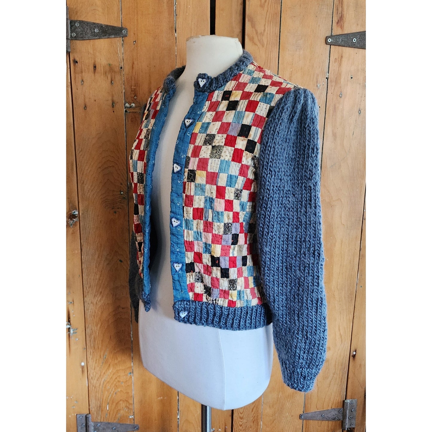 Vintage 70s Cardigan with Early 1900s Upcycled Quilt Patchwork