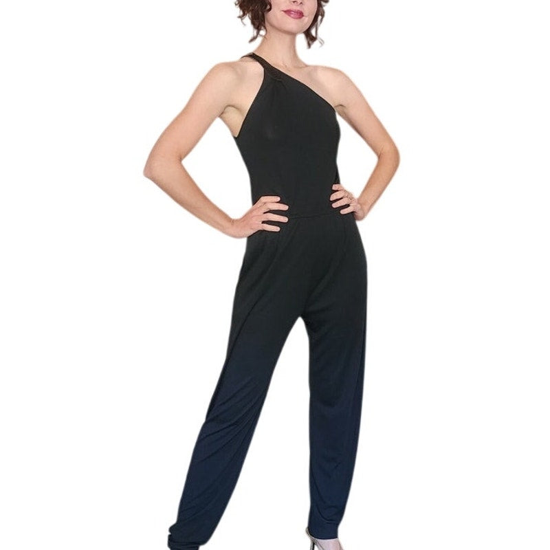 Vintage 1970s Genny by Gianni Versace Jumpsuit Asymmetric Black Rayon One Shoulder Snakeskin Trim Small