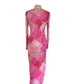 Vintage 1970s Maxi Dress Pink Red Geometric Print Rayon Jersey Stretch