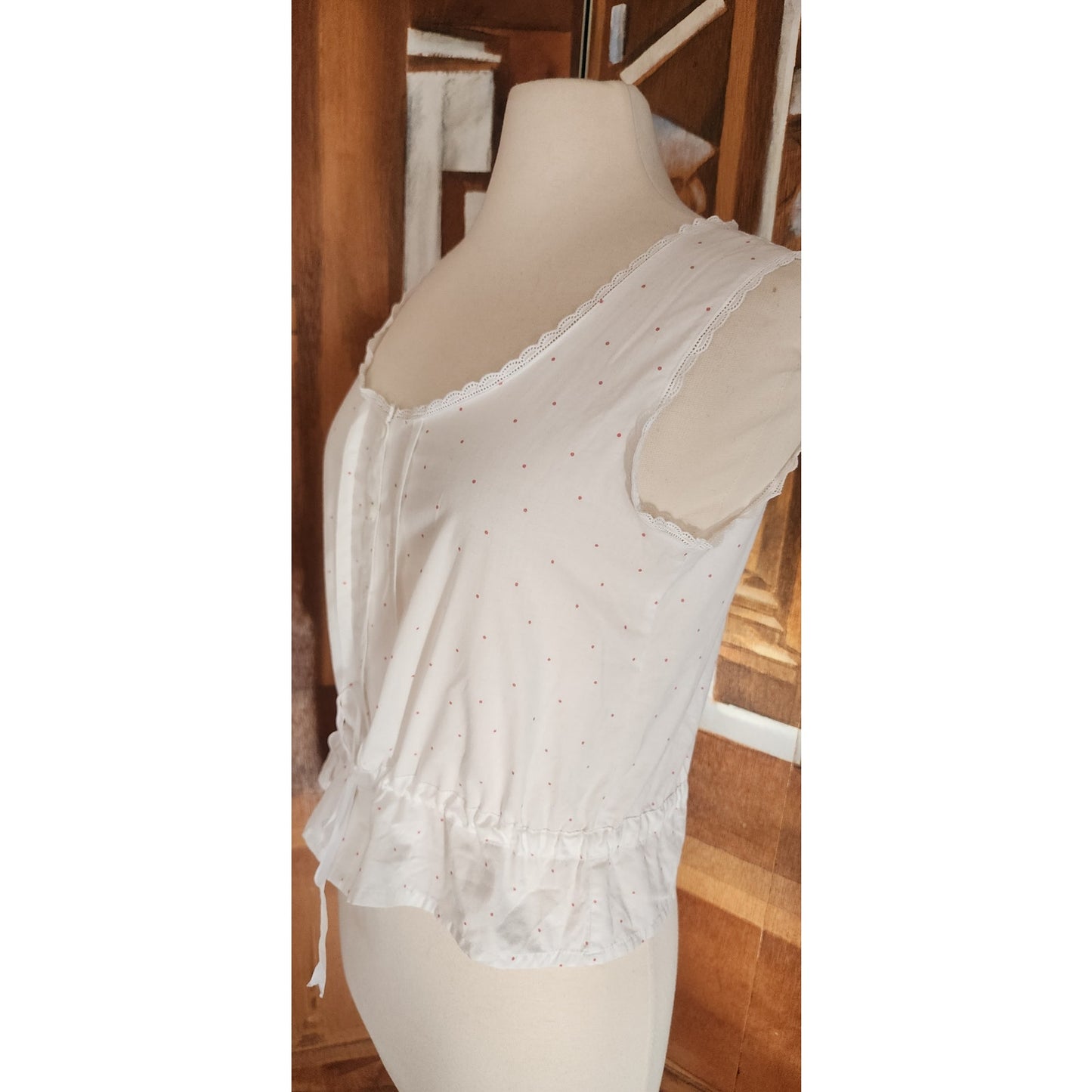Vintage 80s Laura Ashley White Cotton Eyelet Sleeveless Top Red Micro Polka Dot