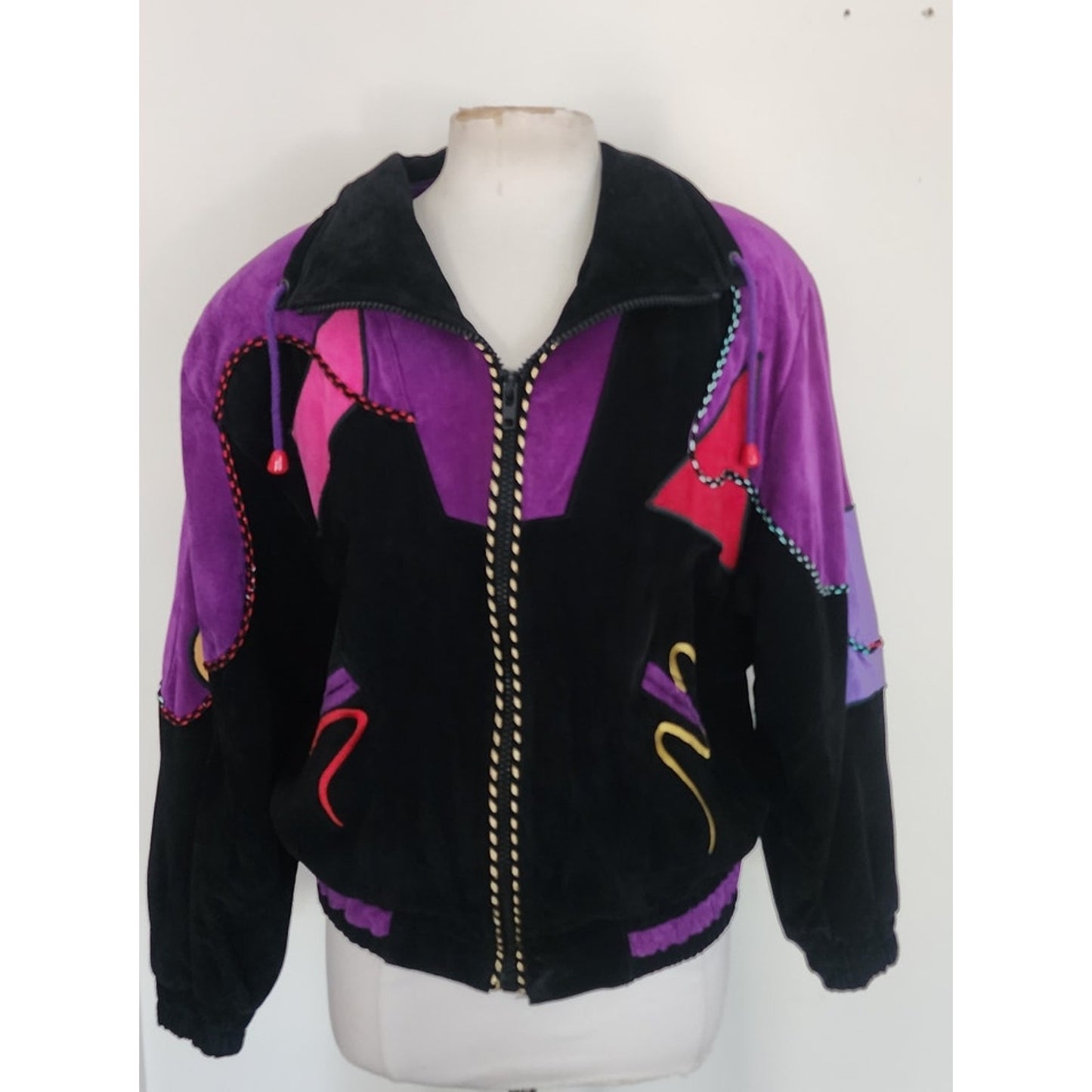 Vintage 80s Suede Bomber Jacket Multicolored Patchwork Applique Mesa Ridge M