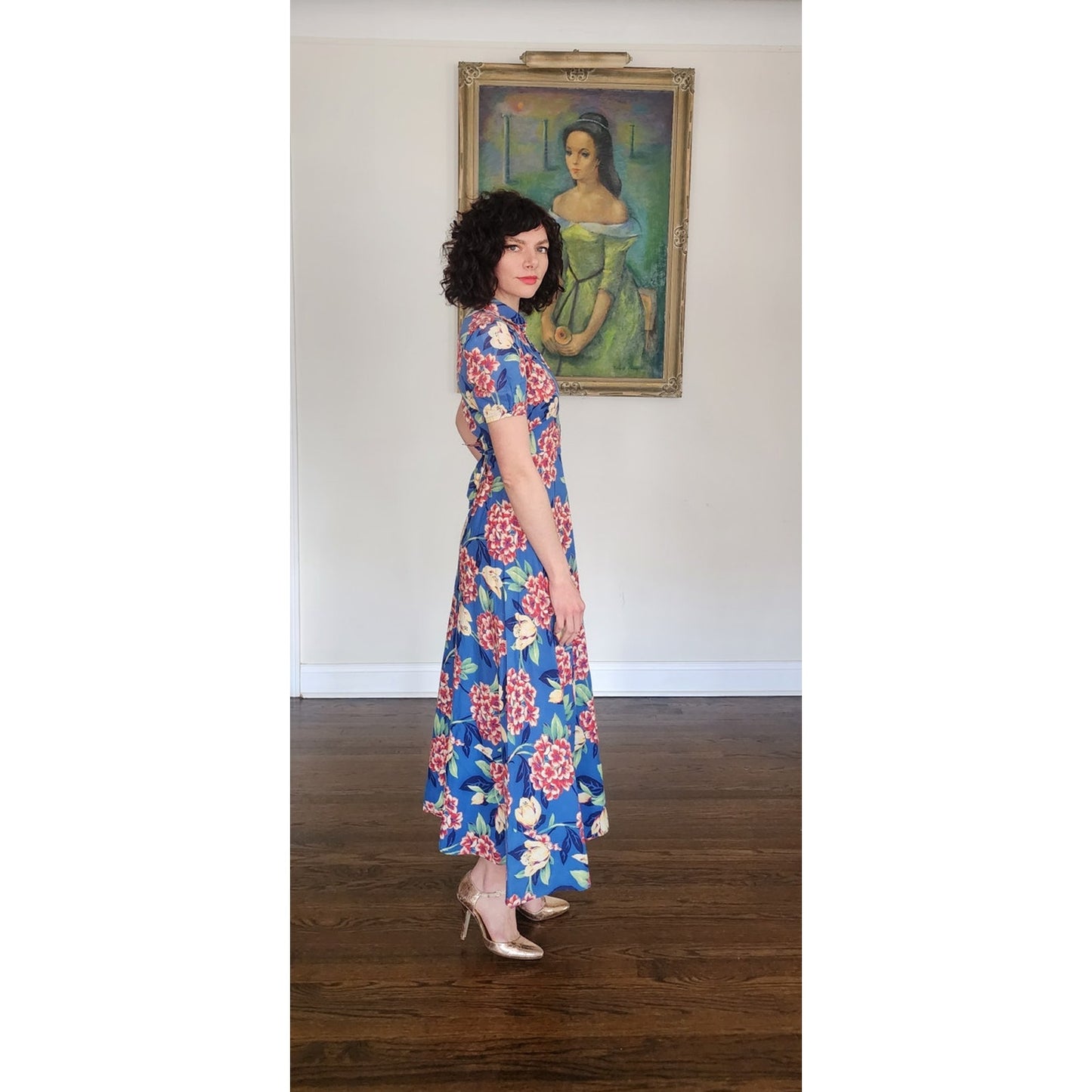 Vintage 30s Blue Floral House Dress Maxi Lounger Puff Sleeve Zip Front XS