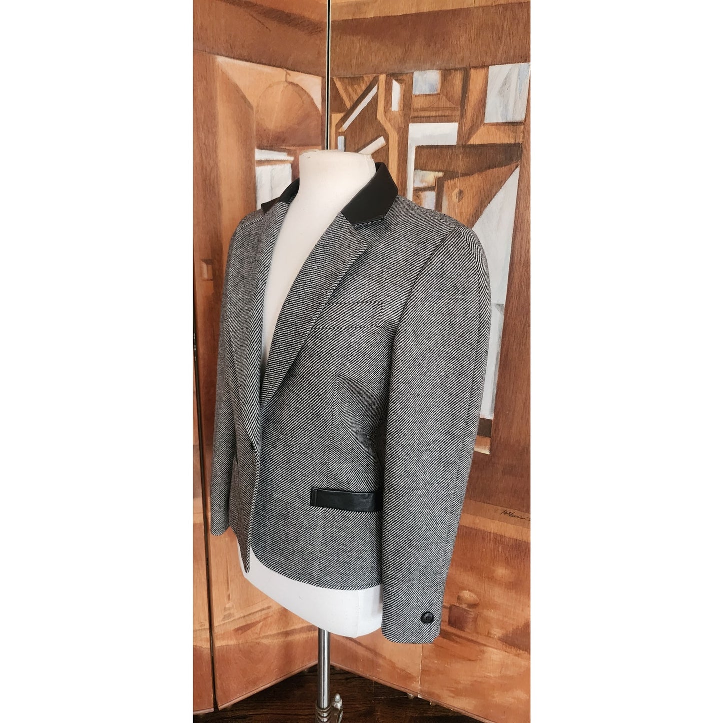 Vintage 80s GUY LAROCHE Gray Tweed Blazer Black Leather Collar / M