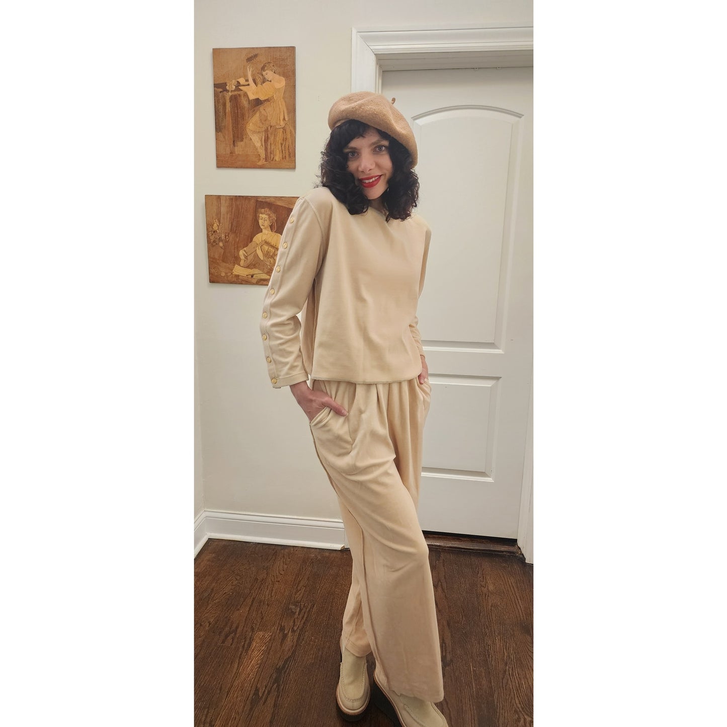 Vintage 1990s Sonia Rykiel Velour Track Suit Beige w/Gold Buttons