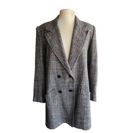 Vintage 80s Long Blazer Lilli Ann Houndstooth Wool Jacket Gray Black