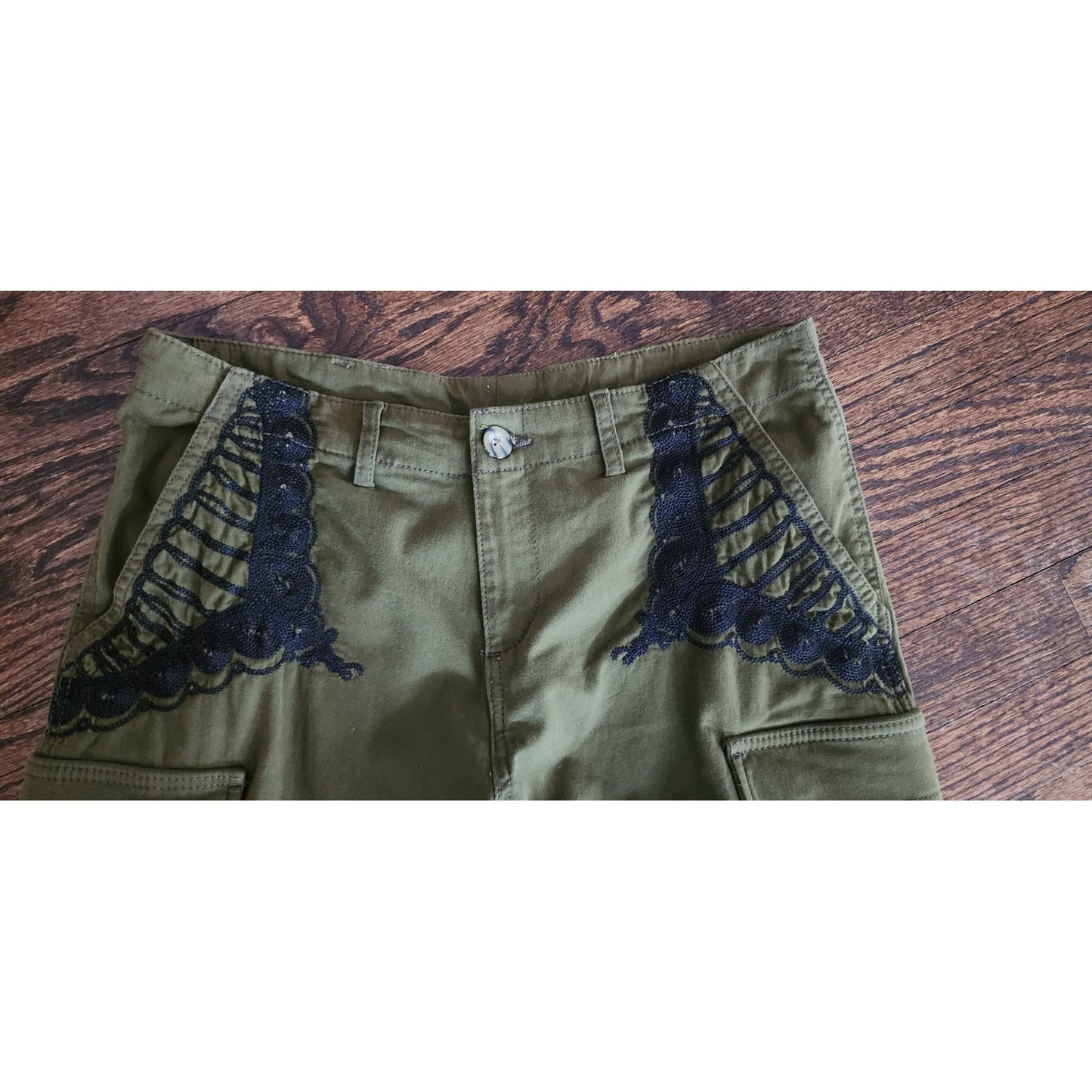 Lola Loves Cargo Designer Pants Green w/Black Lace Embroidery 30" Waist