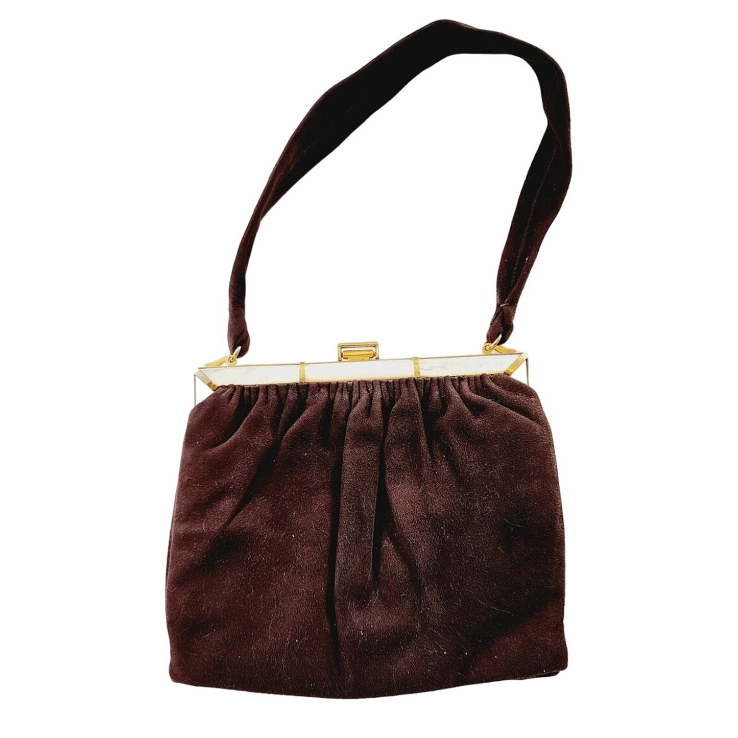 Vintage 1940s Brown Bag Brushed Suede Mother of Pearl Buechner