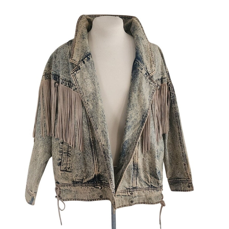 Vintage 80s Rock Creek Trading Co Acid Wash Denim Jacket PLUS SIZE Leather Fringe, Western Style