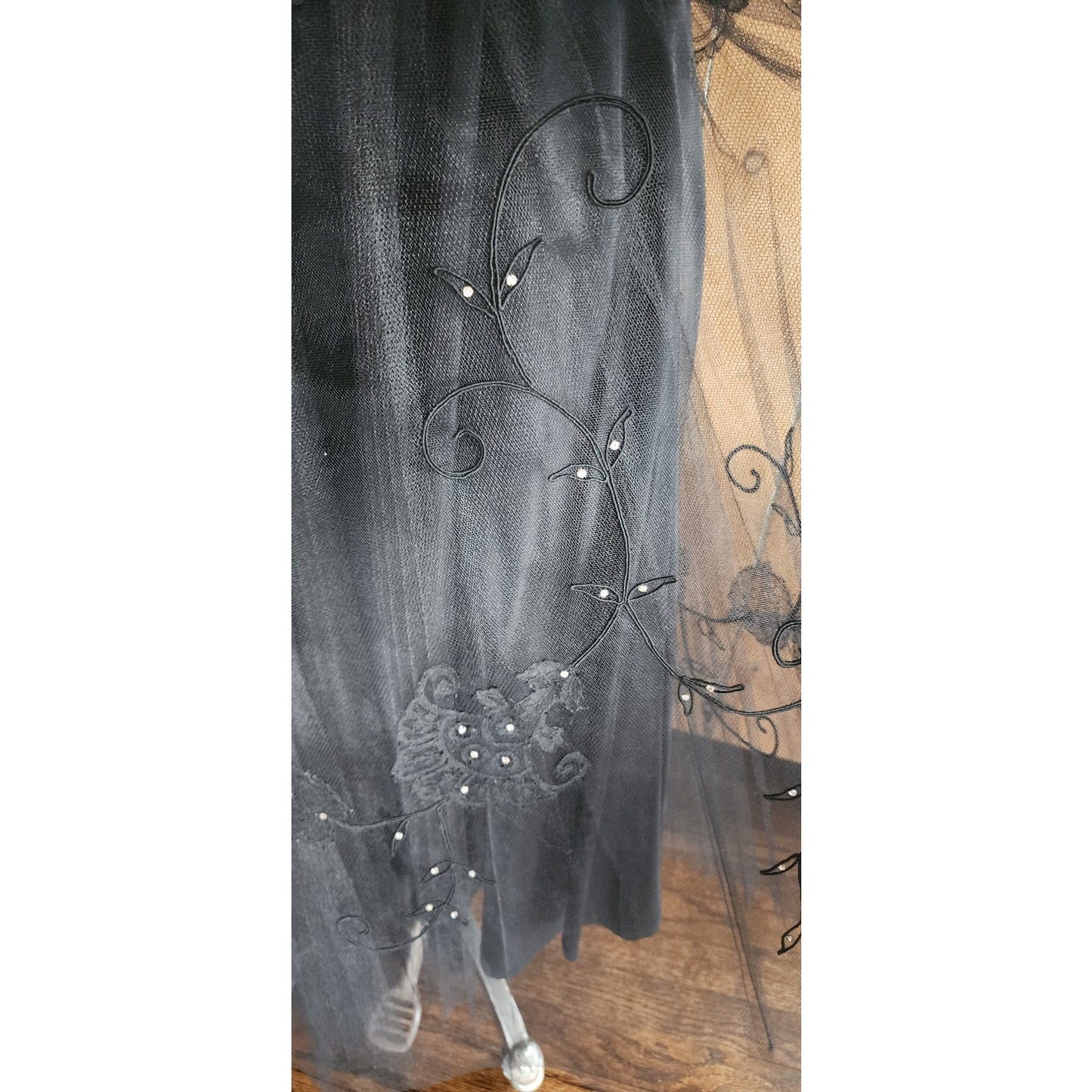 Vintage 50s Black Party Dress Tulle Lace Rhinestones M