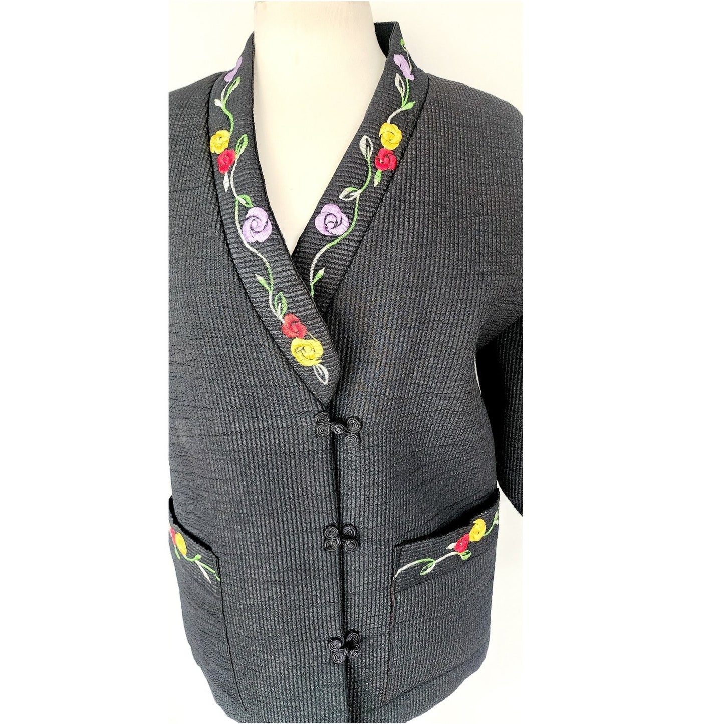 Vintage Asian Quilted Jacket Black w/Floral Embroidery