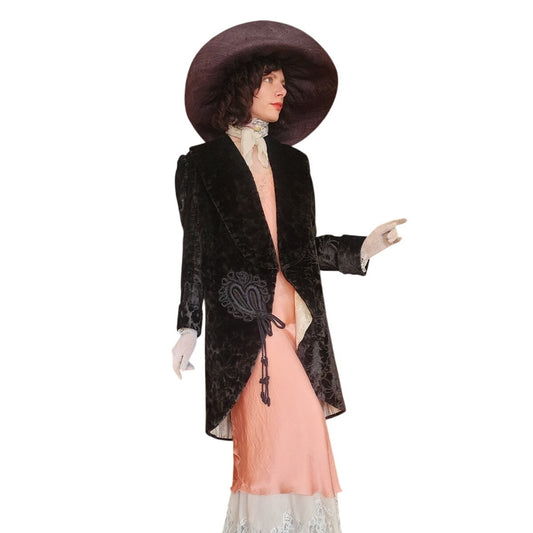 Antique 1910s 20s Edwardian Art Deco Black Textured Silk Velvet Opera Coat Frock Jacket with Silk Chord Knot Closure