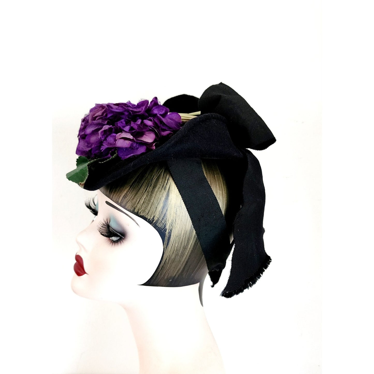 Vintage 30s Saucer Top Hat Purple Flowers New York Creation