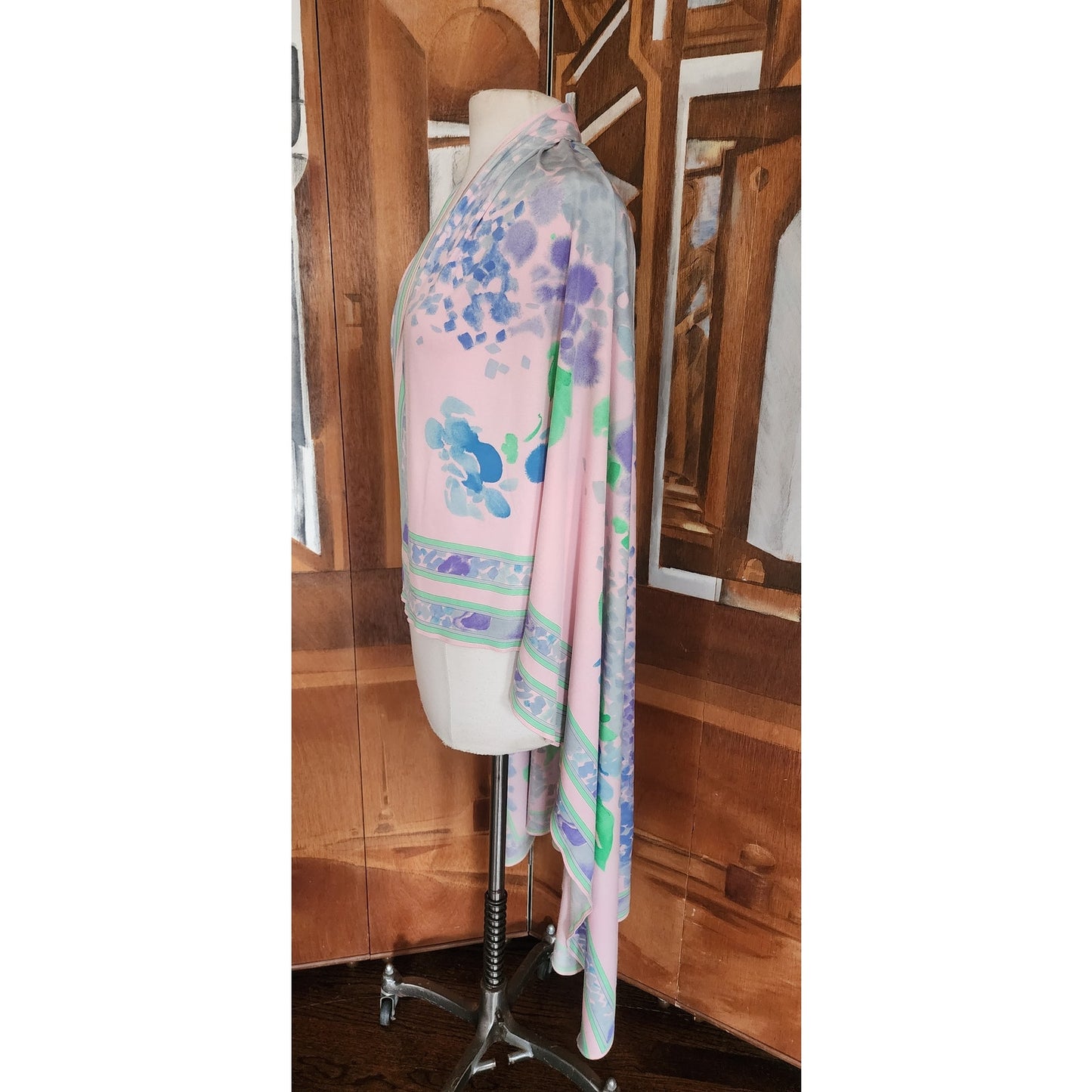 Vintage 70s LEONARD Silk Jersey Shawl Wrap Pastel Floral Print Impressionist