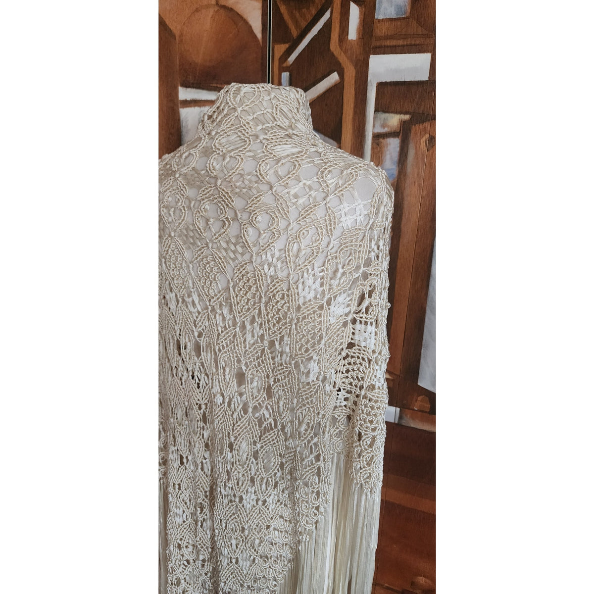 Vintage Cream Crochet Lace Piano Shawl Oversized Macrame Silk Ribbon Wrap Fringed