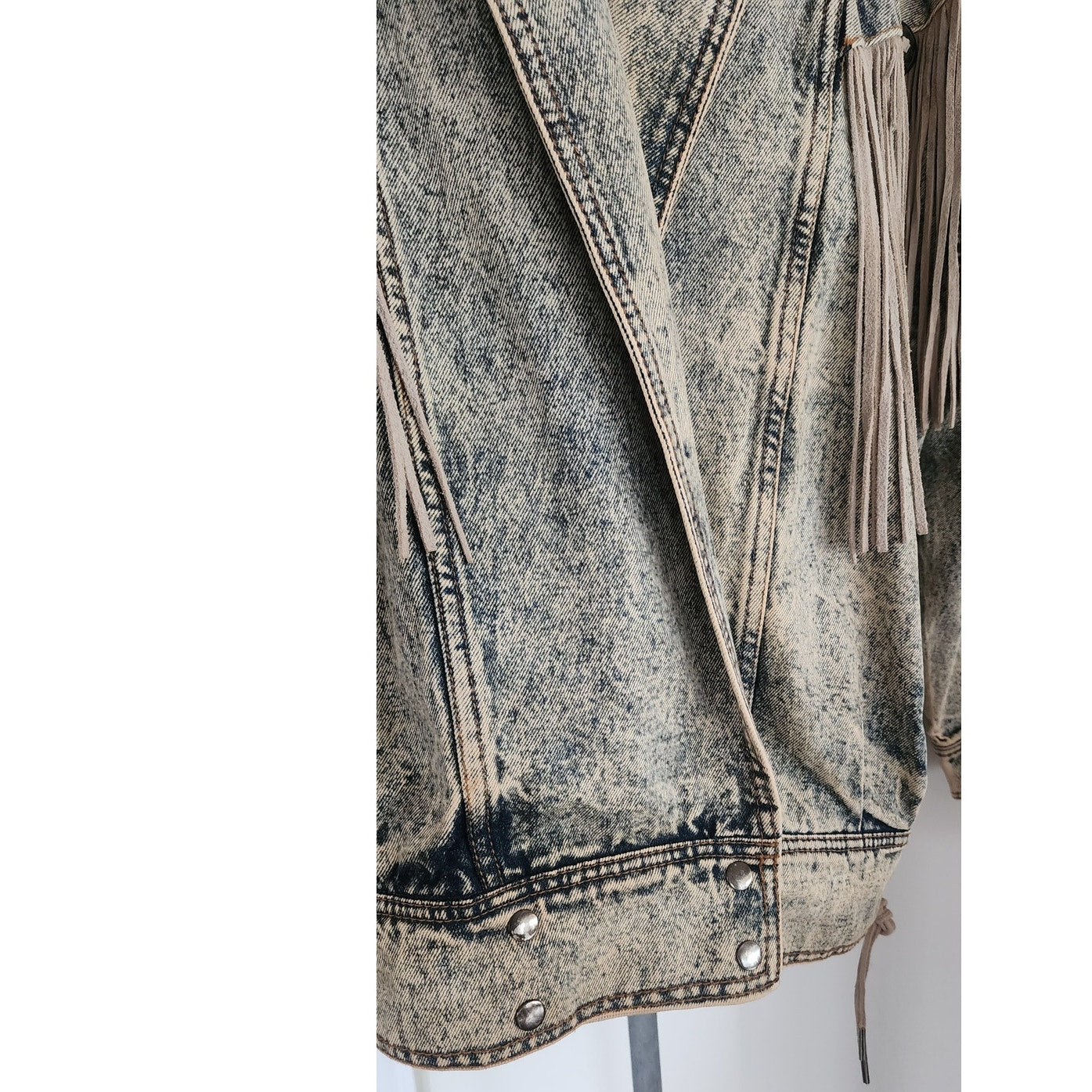 Vintage 80s Rock Creek Trading Co Acid Wash Denim Jacket PLUS SIZE Leather Fringe, Western Style