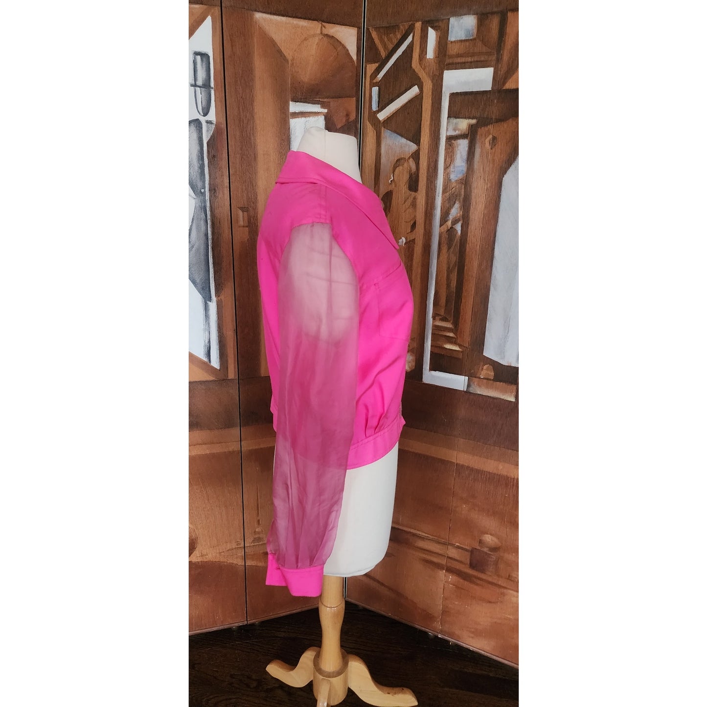 Vintage 90s Pink Silk Jacket Sheer Sleeves Flower Buttons Victoria March Chicago Designer