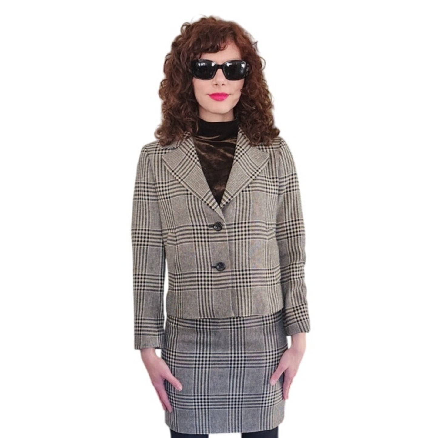 Vintage 1990s Brooks Brothers Skirt Suit Moon Wool Houndstooth Black White
