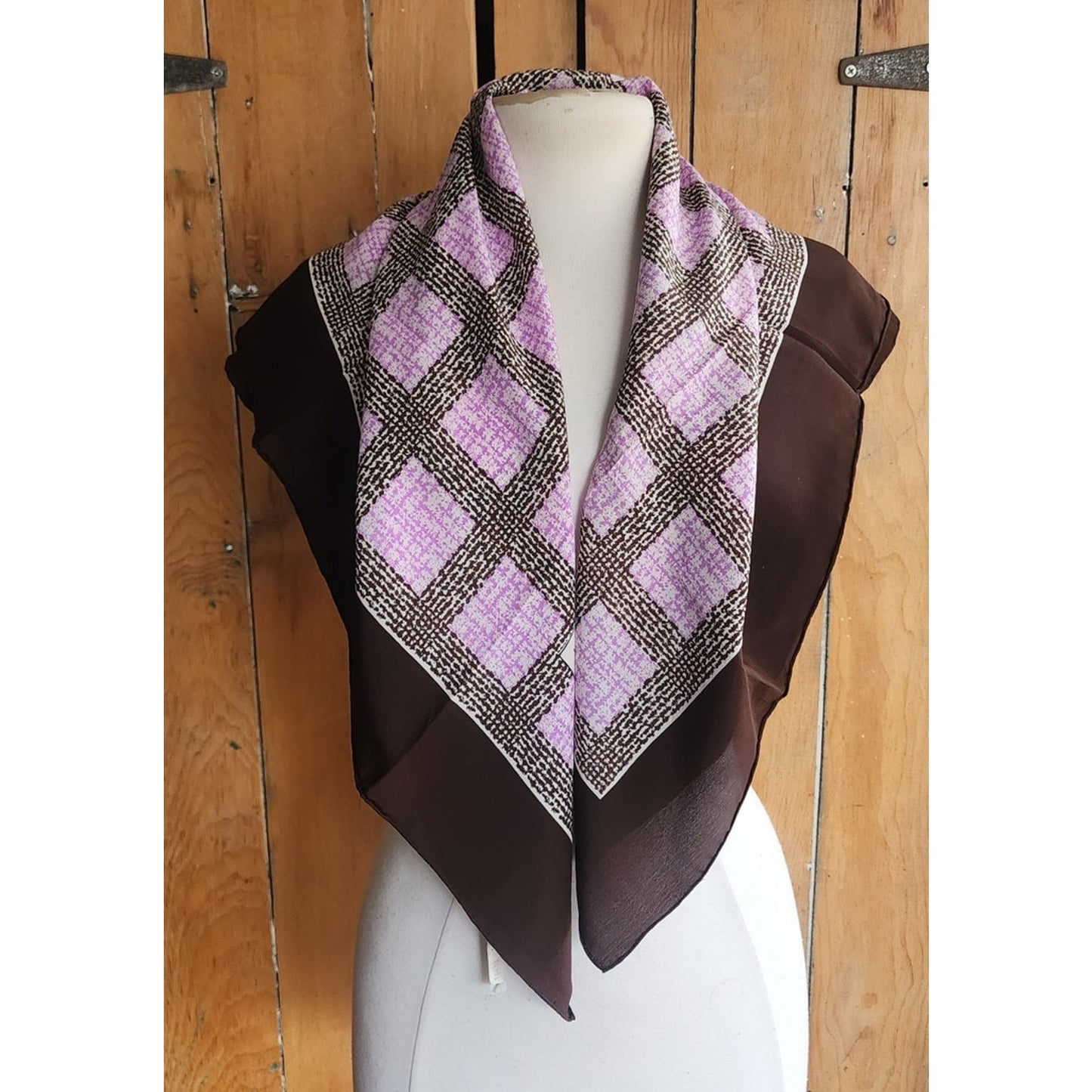 Vintage Yves Saint Laurent Silk Scarf Square Brown Purple Grid Geometric 70s 80s