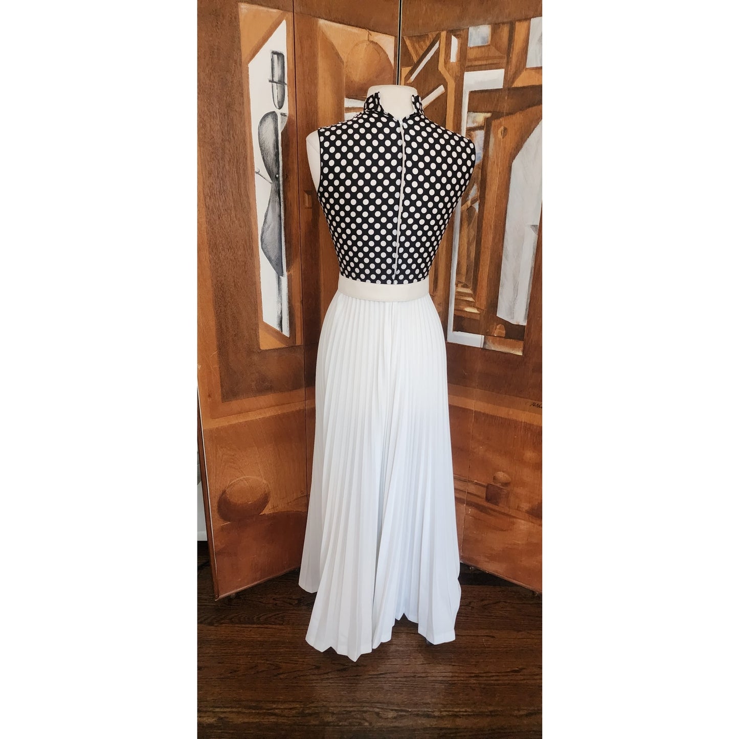 Vintage 1970s Maxi Dress Polkadot Print Pleated Skirt Black White Belted / S