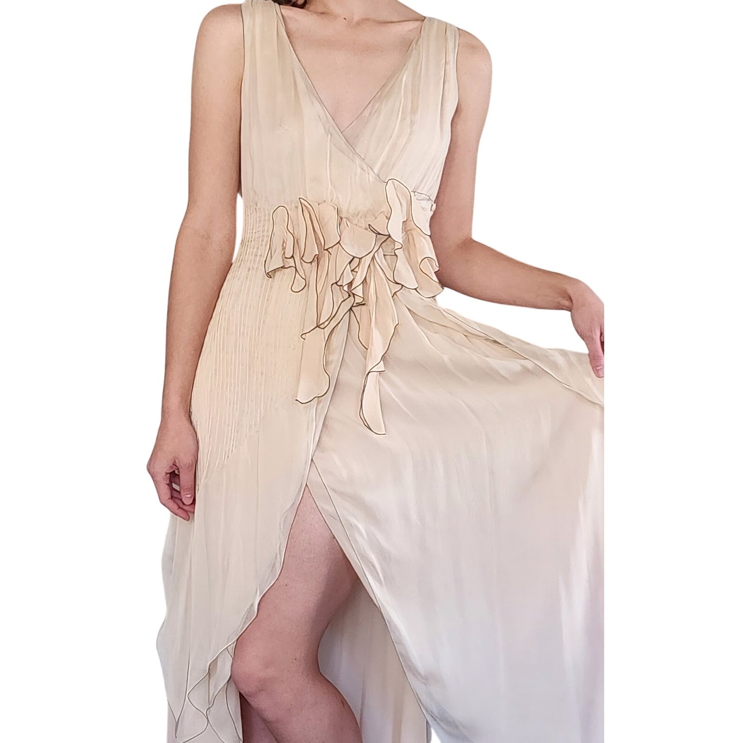 Vintage 2000s Fendi Dress Silk Chiffon Wrap Evening Gown Cream NWT Bergdorf Goodman